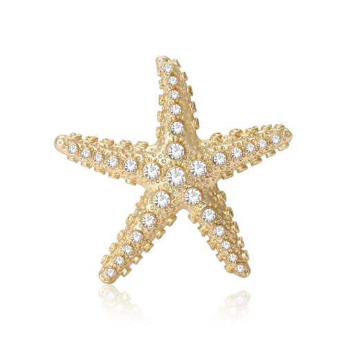 Image of Charm Starfish Brooch Pin for Women Fashion Chunky Plated Gold Sea Star Lapel Pin Summer Ocean Beach Jewelry Gifts