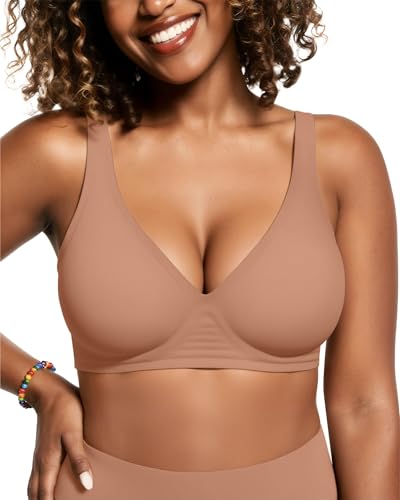 Image of OEAK Womens Deep V Bras Wireless Comfortable Bra Supportive No Underwire Bras Tshirt Push Up Bralettes Plunge Seamless Bra Latte XL
