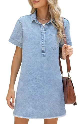 Image of Women's Denim Dress for Women Cute Blue Babydoll Denim Shirt Dress Denim Dress with Pockets