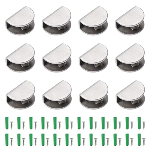 12 Piezas Soporte de Vidrio, Abrazadera de Vidrio de Acero Inoxidable, Soportes para Estanteria de Cristal Clip de Vidrio Semicírculo con Tornillos (Plata, Semicírculo, para Cristal de 6 9 mm)