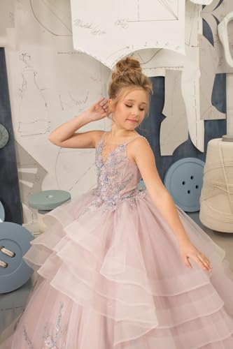 Girl’s Layered Pageant Dresses Floral Flower Girl Dresses Tulle Princess First Communion Dresses V Neck Prom Ball Gown4