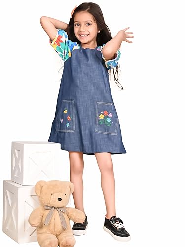 Image of LILPICKS Printed Sleeves A-line Solid Pocket DressFor Girls (Blue)