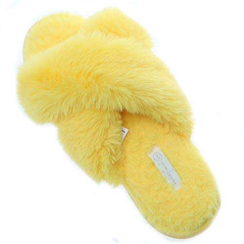 Slippers for Women Fashion Cross Band Plush Anti-Skid Memory Foam Slip On Fuzzy Slides Indoor Outdoor (9-10 L US, Yellow)2