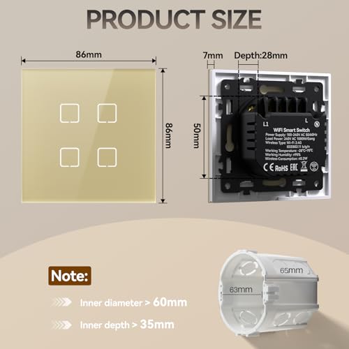 BSEED Smart Touch Lichtschalter,Glas Schalter Unterputz,Wandlichtschalter mit LED Hintergrundbeleuchtung,Neu E-Serie,16A 250V,4 Fach 1 Weg,86mm Gold
