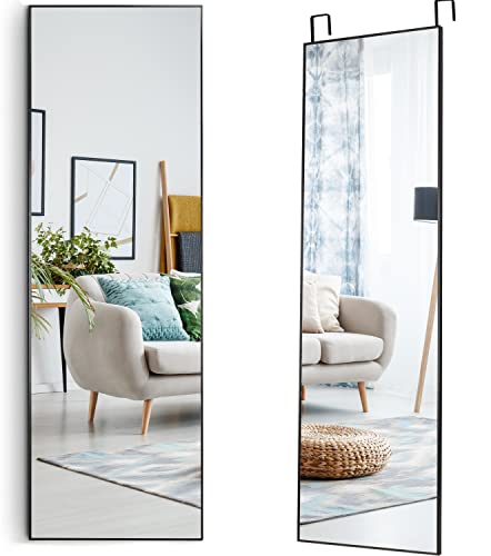 Mirrotek - Full Length Adjustable Over The Door Mirror Black Aluminum Finish - Hanging Instant Install Long Full Body Mirror for Bedroom, Dorm Room