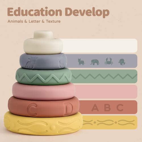 Mini Tudou 6 Pcs Stacking & Nesting Circle Toy,Soft Building Rings Stacker & Teethers,Squeeze Play with Early Educational Learning Stacking Tower, Toy for 6+ Months Boys&Girls