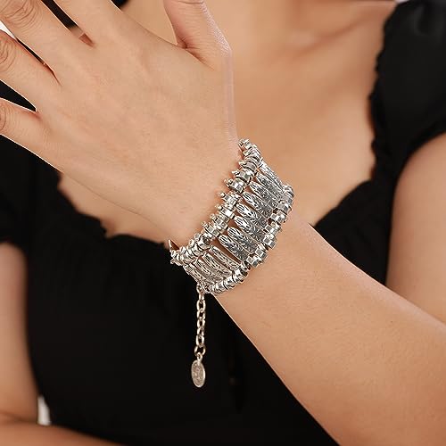 Wiwpar Boho Chunky Vintage Silver Turkish Geometric Link Statement Bracelet Bohemian Tribal Ethnic Wide Cuff Bracelets Bangle Jewelry Gifts for Women2