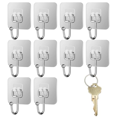 Ganchos adhesivos para colgar, ganchos adhesivos, ganchos adhesivos transparentes sin perforación resistentes - 10 soportes multifuncionales impermeables para fijar a la pared para toallero para