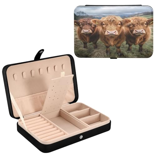 Haskirky Highland Cow Jewelry Box Portable PU Leather Travel Jewelry Organize for Women Jewelry Storage Display Holder for Ring, Necklace, Earring