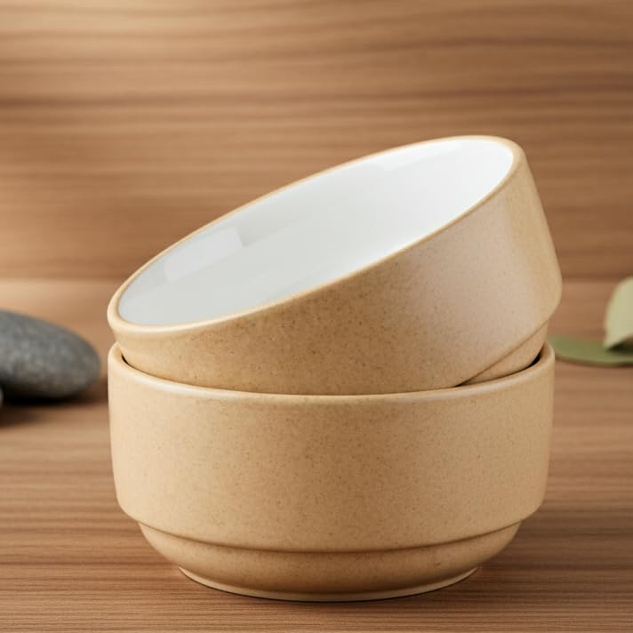 Image of BLACKCARROT Beige & White Stoneware Bowl Set of 2 | 750ml Bowls