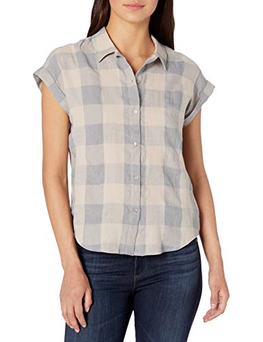 Lucky Brand Women's Short Sleeve Button UP Plaid TOP, Blue/Multi, M