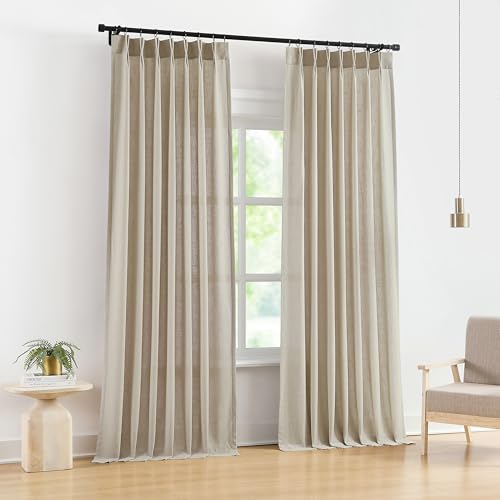 Image of Vision Home Sand Pinch Pleated Semi Sheer Curtains Textured Linen Blended Light Filtering Window Curtains 84 inch for Living Room Bedroom Pinch Pleat Drapes with Hooks 2 Panels 40 inch Wx84 L,Camel Beige
