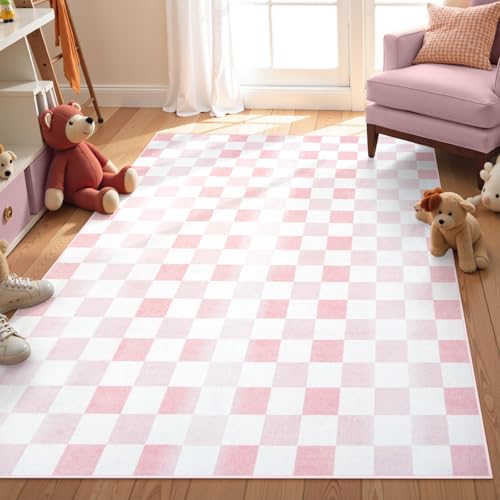Seavish Ombre Checkered Rug, 4x6 Machine Washable Pink Rugs for