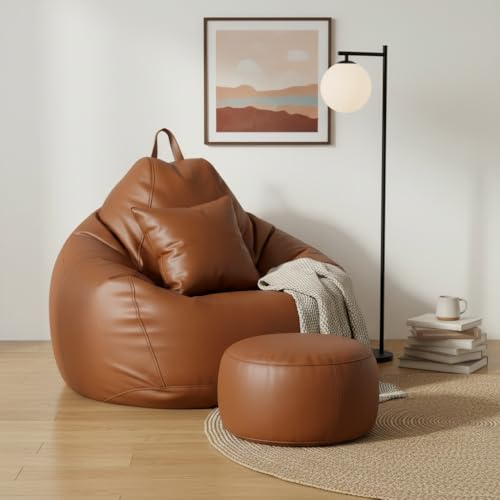 Image of KAM'S LIEU Bean Bag Chair with Footrest & Cushion | Pre-Filled Beans | PVC Leatherette Lounger Sofa | Indoor & Outdoor Bean Bag | 6 Months Warranty Size & Color- (TAN, XXXXXL, Premium)