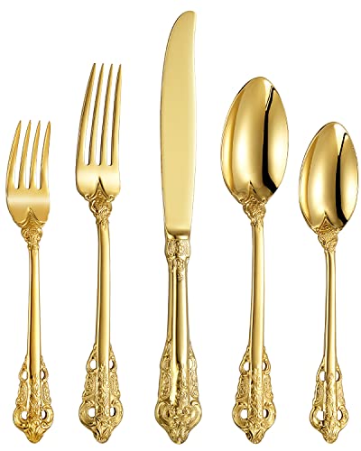 KEAWELL Luxury 20 Pieces 18/10 Stainless Steel Flatware set, Service for 4, silver plated with gold accents, Fine Silverware set and Dishwasher Safe (Gold)