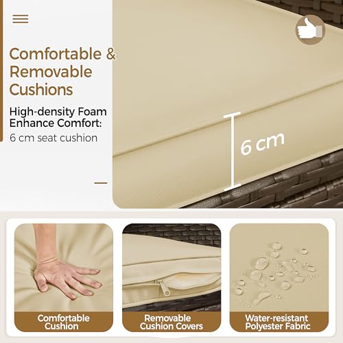 Yaheetech Balkonmöbel Set, Gartenmöbel-Set 3 TLG. inkl. 2 Stühle mit Sitzkissen & Tisch, Terrassenmöbelset Gartensitzgruppe Lounge Set aus PE-Polyrattan für Balkon Terrasse, Braun-Khaki 6