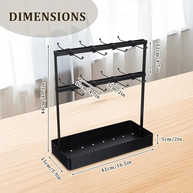 Coffee Mug Holder with 16 Movable Hooks, Metal Coffee Cup Holder for Countertop, 2 Tier Mug Rack with Storage Shelf for Kitchen Office Coffee Mug Rack