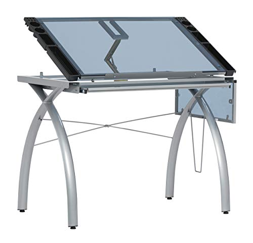 Sd Studio Designs 10095 Futura Station With Folding Shelf Top Adjustable Drafting Craft Drawing Hobby Table Writing Studio Desk With Drawer, 35.5'' W X 23.75'' D, Silver/Blue Glass #TOP4