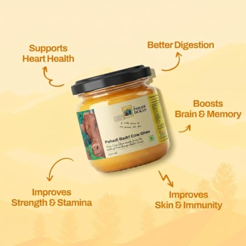 Image of My Pahadi Dukan A2 Badri Cow Ghee 250ml, Traditional Himalayan Bilona Desi Ghee, Free-Range Uttarakhand Pahadi Cows, No Additives, Pure Traditional Ghee, Certified Glyphosate-Free ghee, Glass Bottle