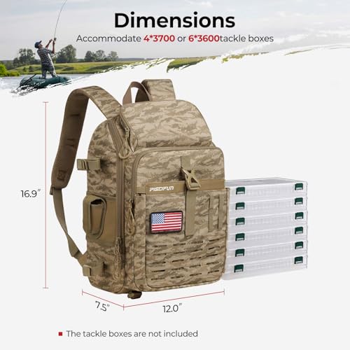 Image of Piscifun Fishing Tackle Backpack with Rod & Gear Holder, Lightweight Outdoor Water-Resistant Fishing Shoulder Storage Bag with Protective Rain Cover, Khaki Camouflage