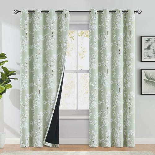 Image of BFAM Floral Print 100% Blackout Curtain with Black Linning at Back, Floral Print Curtains for Living Room /Bedroom Thermal Insulated Energey Saving Blossom Curtain, Pack of 1 Curtain