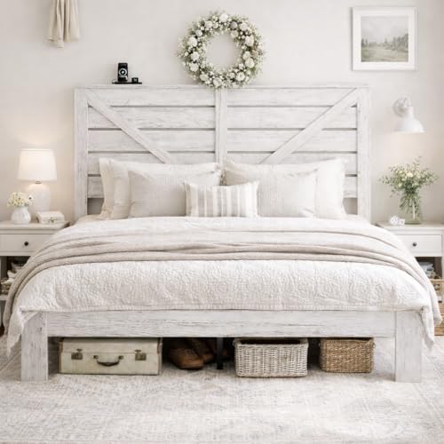 SAMTRA Queen Size Bed Frame with Headboard Farmhouse Style Platform with LED Lights USB Charging No Box Spring Easy Assembly White Boho Bed Frame Modern Bedroom Sets (Boho White Queen)