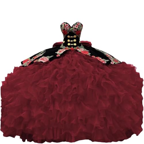 Black Red Velvet Vintage Quinceanera Dresses Charro Mexican Embroidered Ball Gown Sweet 16 Girls 2025