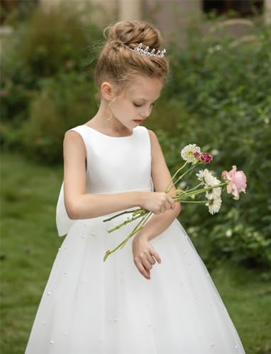 MCieloLuna Elegant Flower Girls Satin Tulle Princess Pageant Dress for Wedding Kids A-Line Pearls Ball Gowns with Bow4