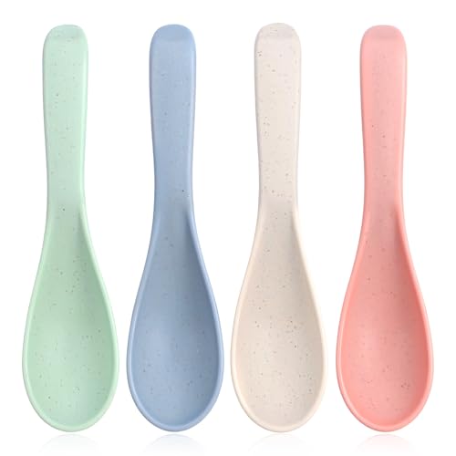 4 Pcs Asian Soup Spoons, 5.9 Inch Wheat Straw Plastic Spoon, Easy to Clean Microwave Dishwasher Safe Meal Spoon