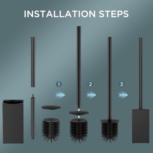 Image of FORIOUS Stainless Steel Toilet Bowl Brush Scrubber and Holder Set Short | Black, Extended Handle, Removable Inner Bowl, Stable Splash Guard, Steel Joint, Scratch‑Resistant Bristles, for Bathroom RV