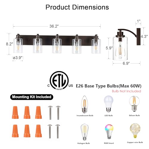 Image of 5-Light Bathroom Light Fixtures Modern ORB Vanity Lights