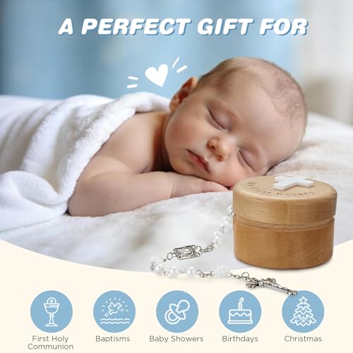 Image of NORBU Baptism Gifts for Girl, My First Rosary with Ceramic Keepsake Box, Rosary for Kids, First Communion & Baby Dedication Gifts for Newborn Baby Boys Catholic Christening Gift
