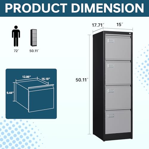 Image of MIIIKO 4 Drawer File Cabinet, Metal Vertical Filing Cabinets with Lock, Home Office File Folders Storage Cabinet for Letter Legal A4 File Size