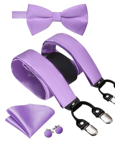 Image of Hi-Tie Men Suspender Bowtie Set Suspenders Pre-tied Bow Tie Pocket Square Cufflinks Adjustable Y Shape 6 Clips Braces Tuxedo