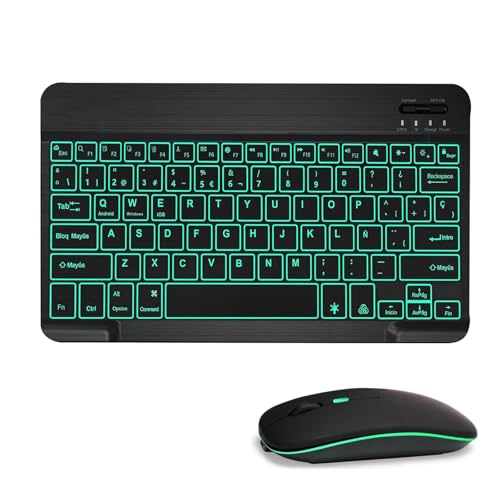 XOKUWU Teclado y Ratón Inalámbrico Bluetooth Retroiluminado, Español Ñ Teclado y Ratón Silenciosos y Portátiles para iPad Pro/iPad Air/Samsung/Xiaomi/Tablet/iOS/Android/Windows, Retroiluminado