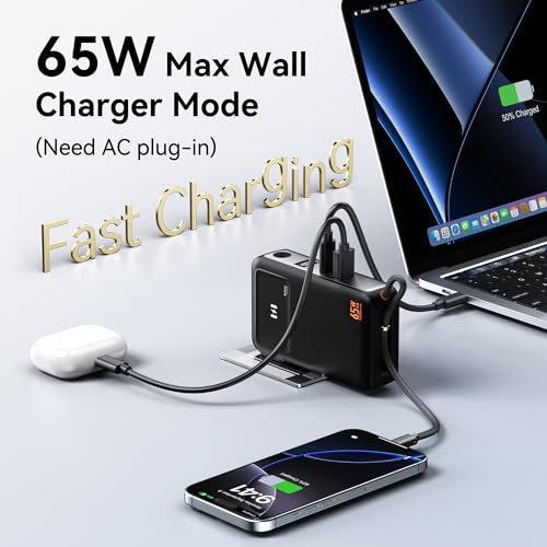Image of Selore&S-Global 3-in-1 Portable Phone Charger with Wall Plug, 10000mAh USB-C Power Bank with Built in Cable, 35W Portable Battery Pack for iPhone Samsung Android & 65W Wall Charger for Laptop MacBook