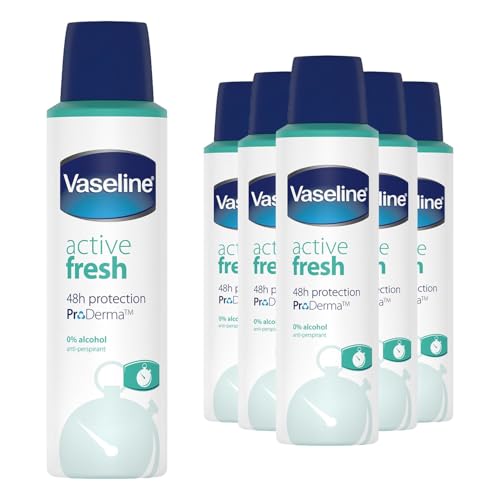 Vaseline Active Fresh Skin Care Antiperspirant Deodorant with ProDerma Technology for 24H Protection with 0% Alcohol 150 ml Pack of 6