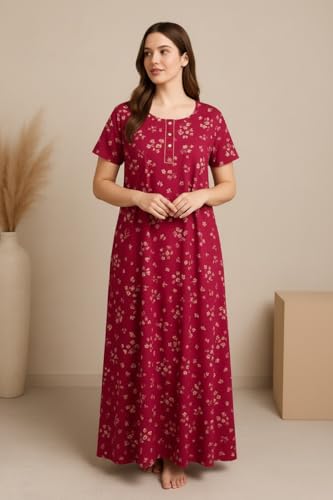 Image of Bahumaan Pure Cotton Nighty for Woman | Floral Gown for Women Night Wear with Pocket | Cotton Nighty for Women Stylish | Maxi for Women Cotton (Dark Pink, M-Bust-42)
