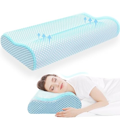 Image of CloudBliss Memory Foam Pillow, Ergonomic Neck Contour Cervical Pillow for Back and Shoulder Pain, Orthopedic Pillow for Neck Pain Relief, for Sleeping Side, Back, Stomach Sleepers - Blue, Queen