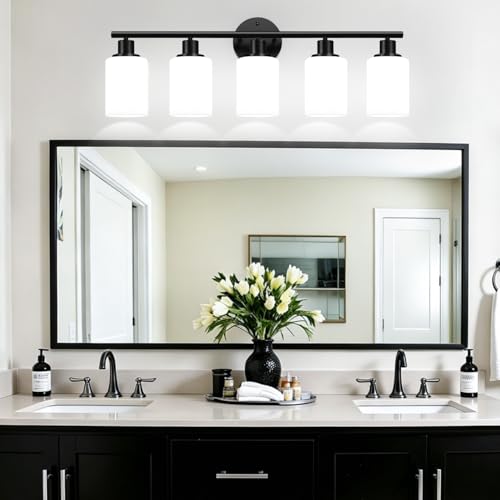 Image of 5-Light Bathroom Light Fixtures, Black Modern Vanity Lights with Milky White Frosted Glass Shades, Bathroom Wall Lamp, Clear Glass Shade, for Mirror, Living Room, Kitchen, Hallway, Cabinet, Porch