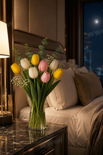 Image of Divyakosh Artificial Flowers for Vase (Vase Not Included)- Luxury Tulip Flower Bouquet with Eucalyptus & Baby's Breath, Faux Floral Arrangement for Home Decor, Living Room, Wedding Decoration, Office