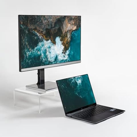 Lac Acrylic glass stand for monitor, computer, laptop, TV, 40 x 25 x 10cm, Elegant modern plexiglass, Ergonomic office desk, Ideal for raising screen, Transparent Riser, Improve posture Cover
