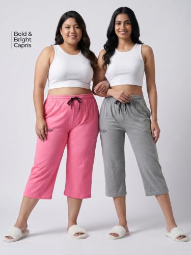 Image of Fflirtygo Women's Cotton Plain Calf Length Capri | Nightwear Short Pyjama | 3 /4th Solid Pyjama Pant | Regular Fit Casual & Lounge Wear Capri Combo (Pack of 2)