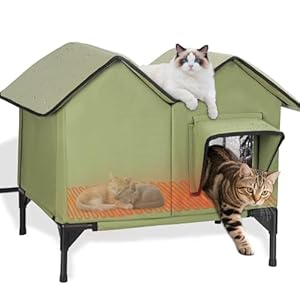 Large Heated Cat House for Outside in Winter, Elevated Insulated Heated Outdoor Cat House Weatherproof with Heating Pad, Waterproof Outdoor Cat Shelter for Multiple Cats Small Dogs(Green)