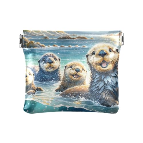 Sea Otters Watercolor Coin Purse Leather Pouch Change Purse, Squeeze Coin Pouch for Cards, Keys & Lipsticks, Unisex