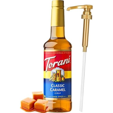 Classic Caramel Syrup for Coffee 25.4 Ounces Torani with Little Squirt Syrup Pump Cover