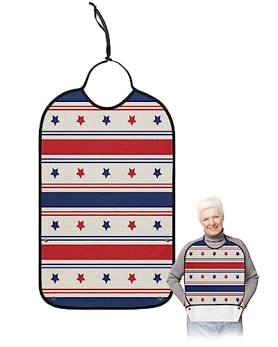 Kewadony Adult Bibs for Elderly Women - 4th of July Stripes Waterproof Dining Clothing Protectors with Crumb Catcher for Eating/Feeding, Vintage Independence Day Star Terry Cloth Bib Machine Washable