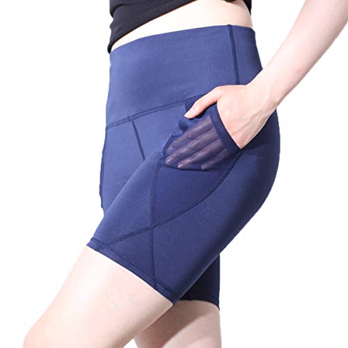 SESTYLE High Waist Yoga Shorts for Women Short Leggings Tummy Control Workout Compression Pants with Out Mesh Pocket Blue XXL