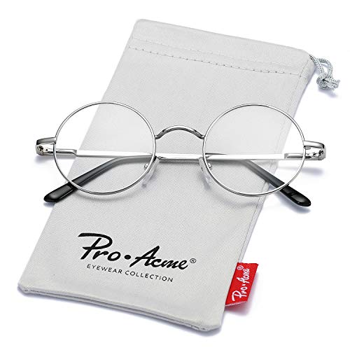 Pro Acme Non Prescription Clear Lens Glasses Retro Small Round Metal Frame (Silver)