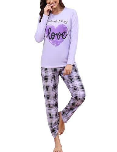 EISHOPEER Women's 2 Pieces Cotton Long Sleeve Pajamas Set Plaid Print Sleepwear Cute Pjs Lounge Sets Purple & Plaid Medium